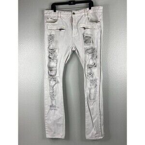 Square Zero Men 38/32 White Jeans Distressed Zipper Urban Wear